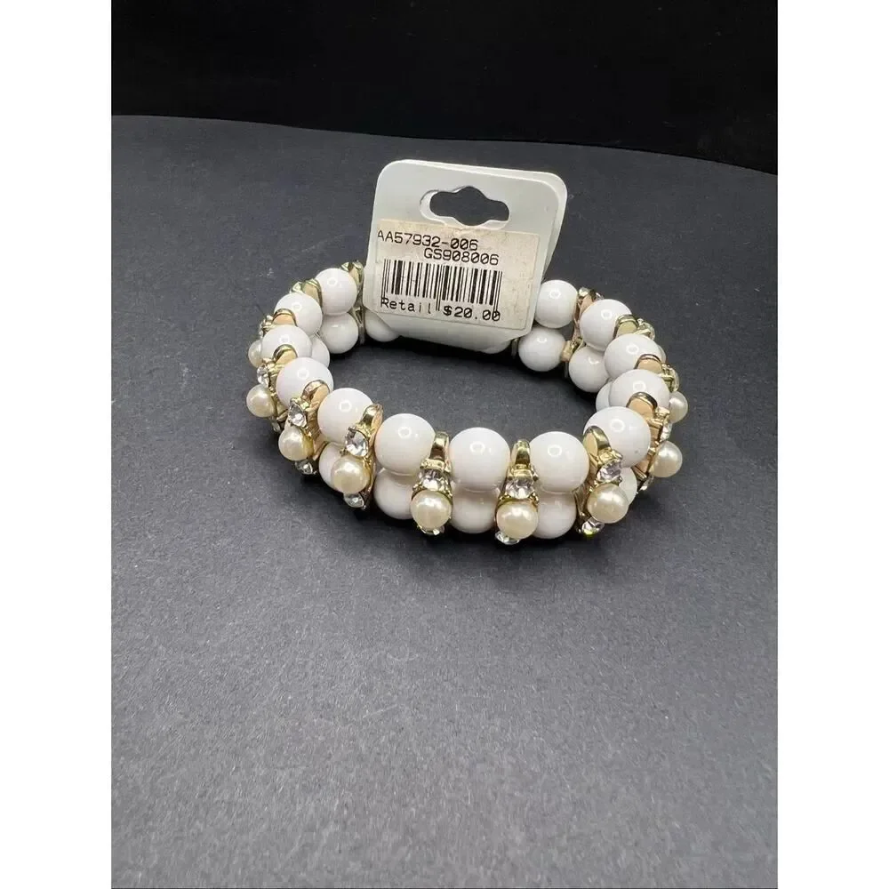 New! Golden Stella White Bead Faux Pearl Rhinestone Stretch Bracelet